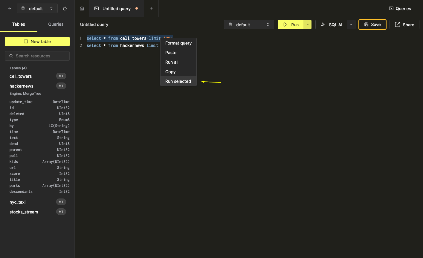 run selected query - Zoomed